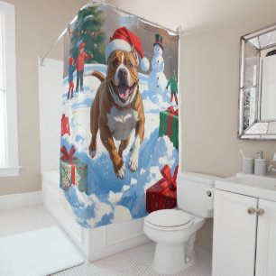 Pitbull Dog Running in Snow with Christmas Hat Shower Curtain