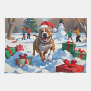 Pitbull Dog Running in Snow with Christmas Hat Tea Towel