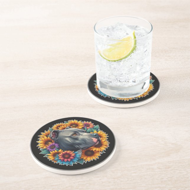 Pitbull Dog Surrounded by Vibrant Sunflowers Coaster (Side)