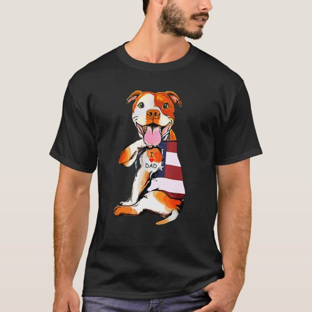 Pitbull Dog Tattoo I Love Dad T-Shirt (Front)