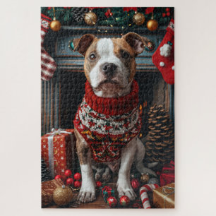 Pitbull Dog With Christmas Gifts Fireplace Jigsaw Puzzle