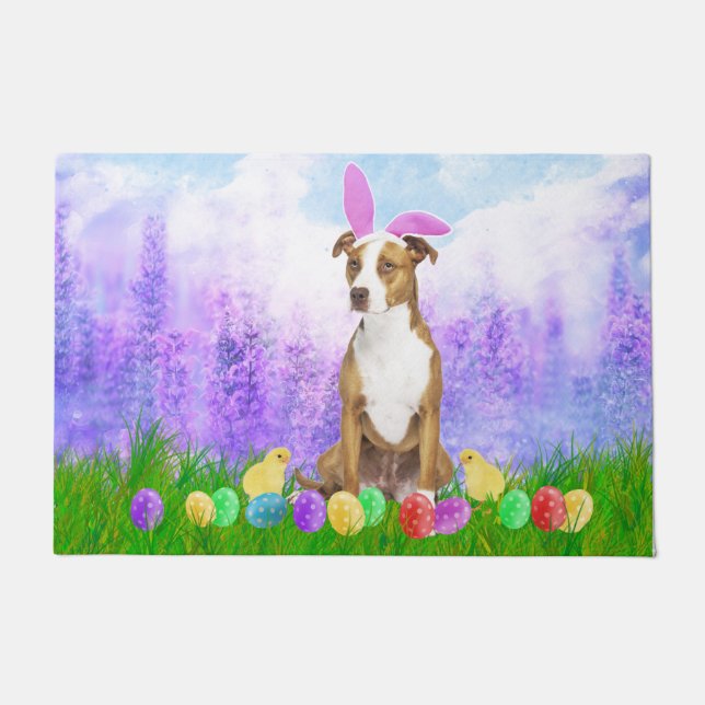 Pitbull Dog with Easter Eggs Bunny Chicks Doormat (Front)
