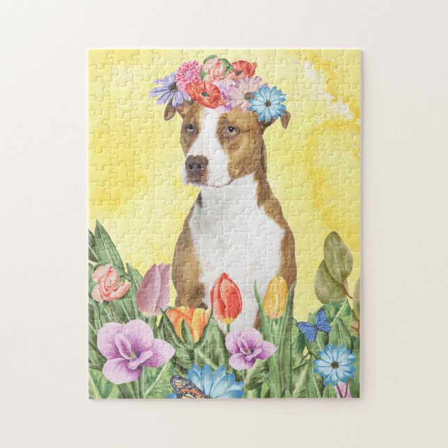 Pitbull Dog with Flowers Spring Jigsaw Puzzle (Vertical)