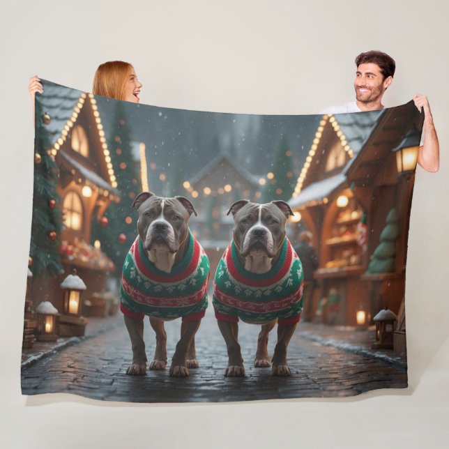 Pitbull Dogs Christmas Snow Holiday Fleece Blanket (In Situ)