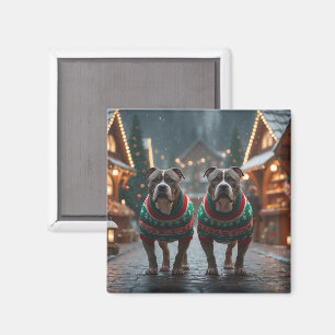 Pitbull Dogs Christmas Snow Holiday Magnet