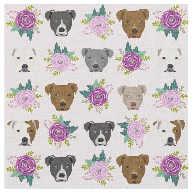 Pitbull dogs lavender florals fabric (Close Up)