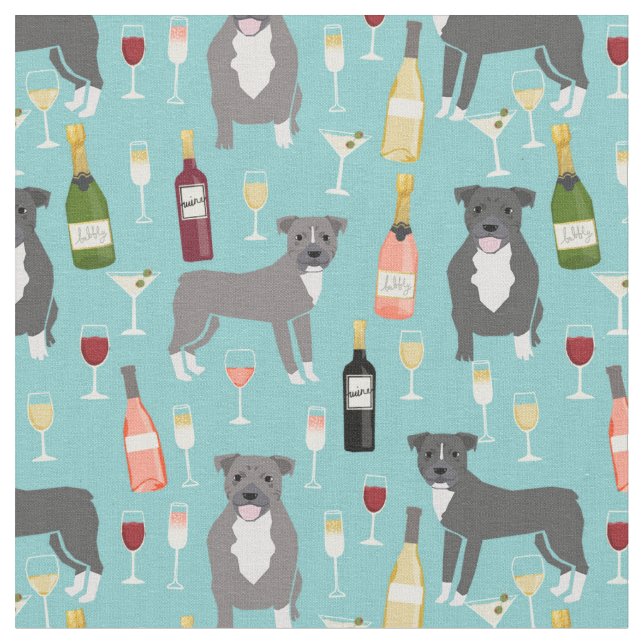 Pitbull dogs wine lover light blue fabric (Close Up)