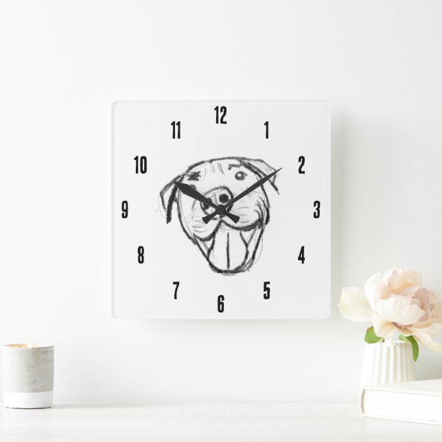 pitbull drawing simple dog lovers black white square wall clock (Home)