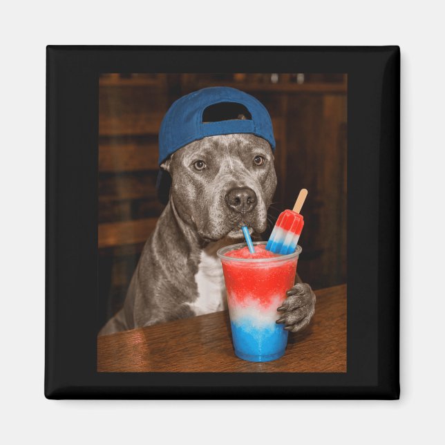 Pitbull Drinking Patriotic Slusie Funny Dog Meme Magnet (Front)