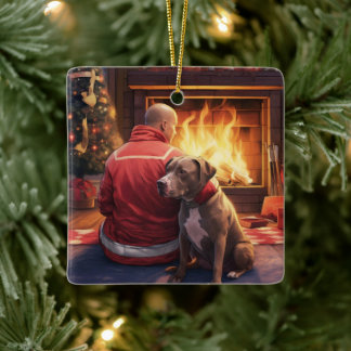 Pitbull Firefighter Christmas, Gift for Dog Lovers Ceramic Ornament