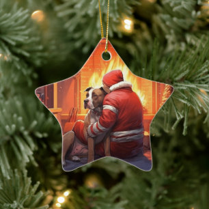 Pitbull Firefighter Christmas, Gift for Dog Lovers Ceramic Tree Decoration