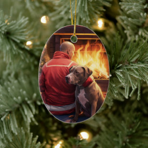 Pitbull Firefighter Christmas, Gift for Dog Lovers Ceramic Tree Decoration