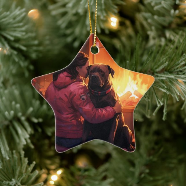 Pitbull Firefighter Christmas, Gift for Dog Lovers Ceramic Tree Decoration (Tree)