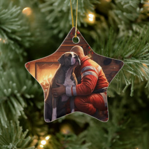 Pitbull Firefighter Christmas, Gift for Dog Lovers Ceramic Tree Decoration