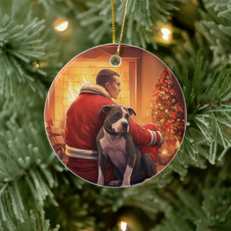 Pitbull Firefighter Christmas, Gift for Dog Lovers Ceramic Tree Decoration