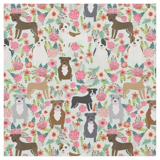 Pitbull Floral Dog Fabric - pitbull fabric, dog (Close Up)