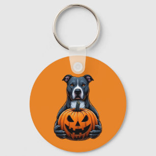 Pitbull Halloween - Holding Jack O Lantern Key Ring