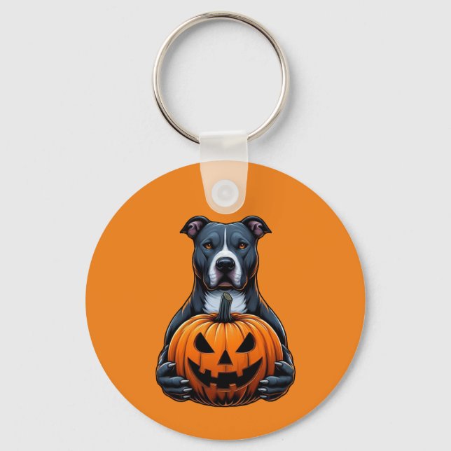 Pitbull Halloween - Holding Jack O Lantern Key Ring (Front)