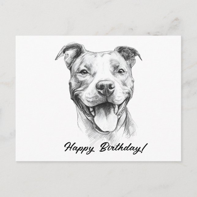 Pitbull Hand Draw Black and White Birthday Card (Front)