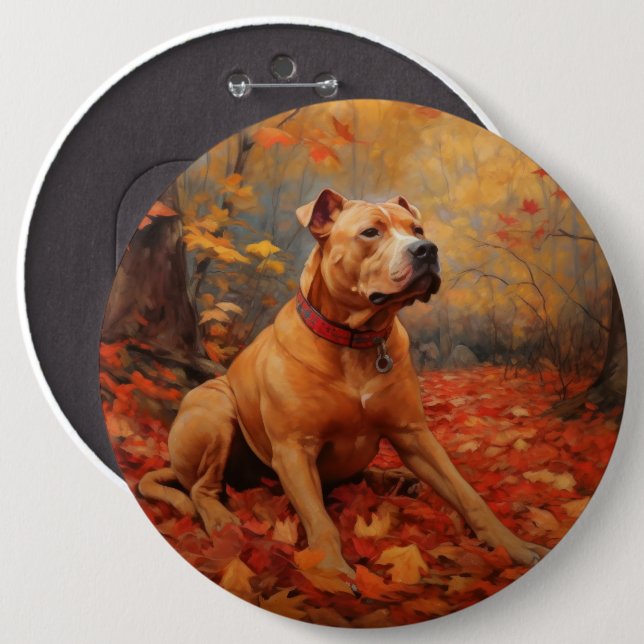 Pitbull in Autumn Leaves Fall Inspire  6 Cm Round Badge (Front & Back)