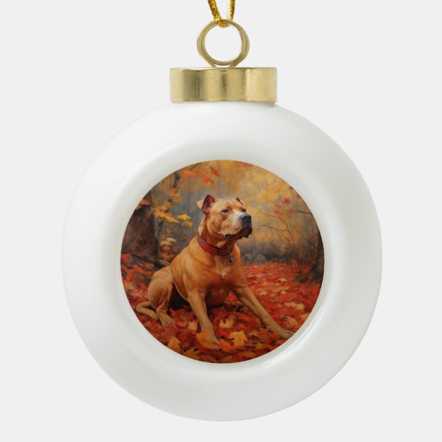 Pitbull in Autumn Leaves Fall Inspire  Ceramic Ball Christmas Ornament (Front)