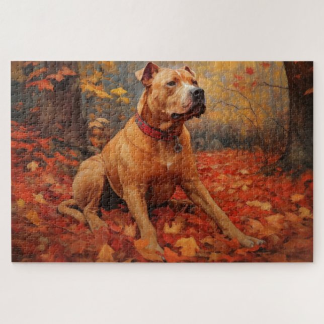 Pitbull in Autumn Leaves Fall Inspire  Jigsaw Puzzle (Horizontal)