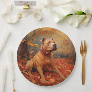 Pitbull in Autumn Leaves Fall Inspire Paper Plate