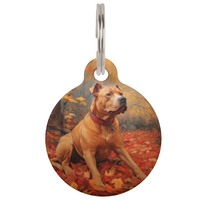 Pitbull in Autumn Leaves Fall Inspire  Pet Tag (Front)