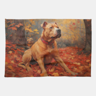 Pitbull in Autumn Leaves Fall Inspire  Tea Towel