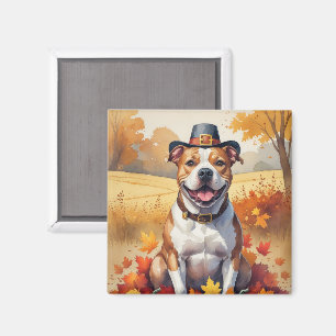 Pitbull In Autumn Leaves Thanksgiving Art Magnet