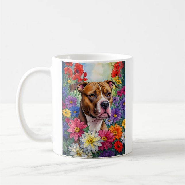 Pitbull in Flower Garden Coffee Mug (Left)