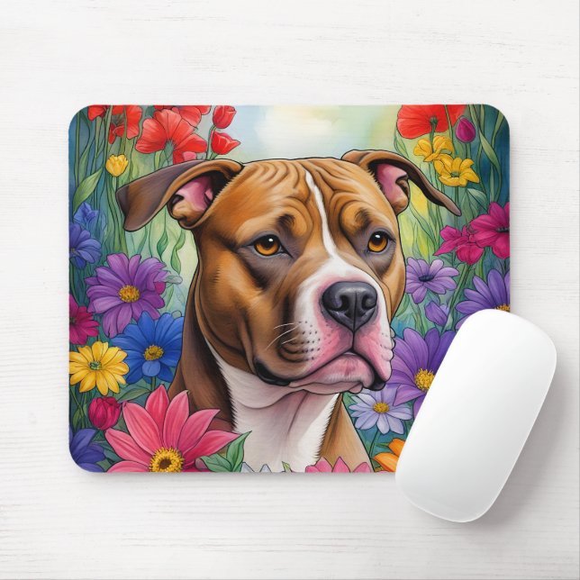 Pitbull in Flower Garden Mouse Pad (With Mouse)
