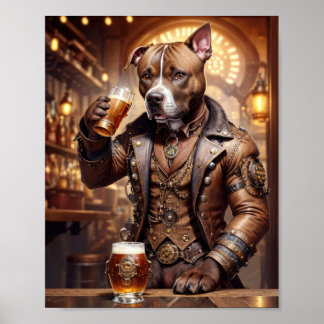 Pitbull in steampunk dress drinking beer in a pub  poster