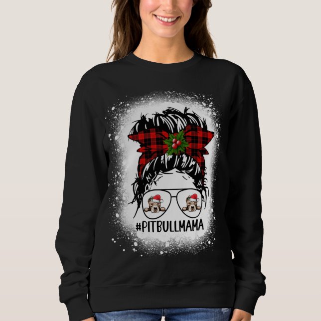 Pitbull Mama Buffalo Plaid Messy Bun Christmas Ble Sweatshirt (Front)
