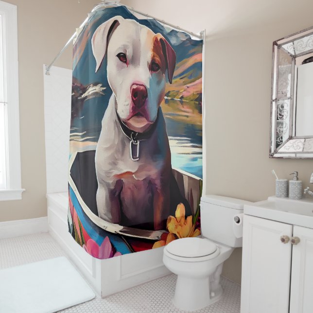 Pitbull on a Paddle: A Scenic Adventure Shower Curtain (In Situ)