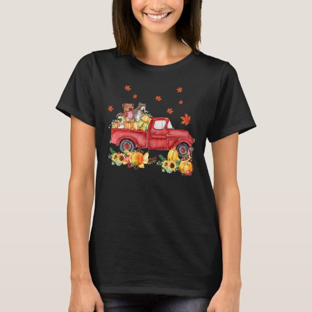 Pitbull Pumpkin Truck Fall Leaf Thanksgiving Hallo T-Shirt (Front)