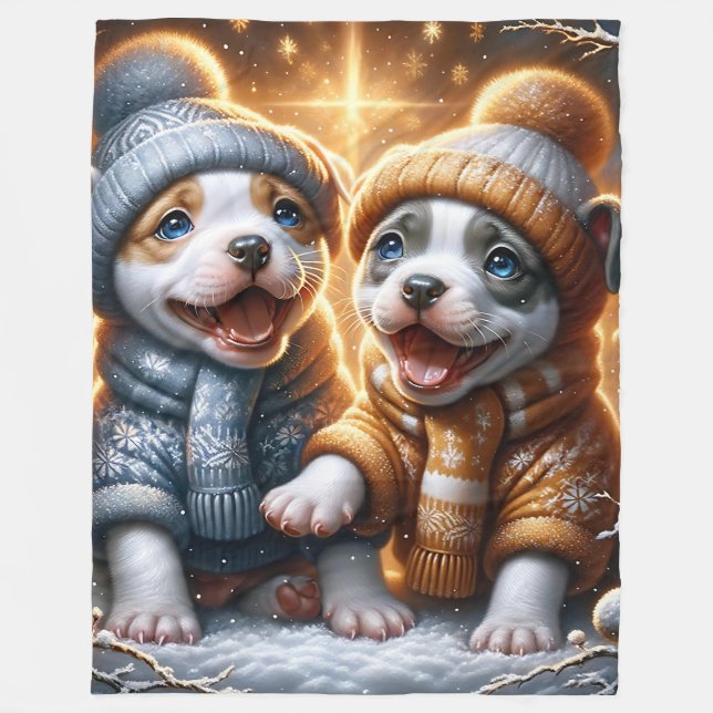  “Pitbull Puppies’ First Snowfall” Fleece Blanket (Front)