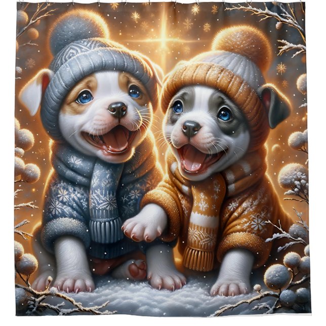  “Pitbull Puppies’ First Snowfall” Shower Curtain (Front)