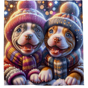 “Pitbull Puppies’ First Snowfall - Winter Art" Shower Curtain