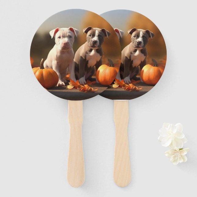 Pitbull Puppy Autumn Delight Pumpkin  Hand Fan (Front and Back)