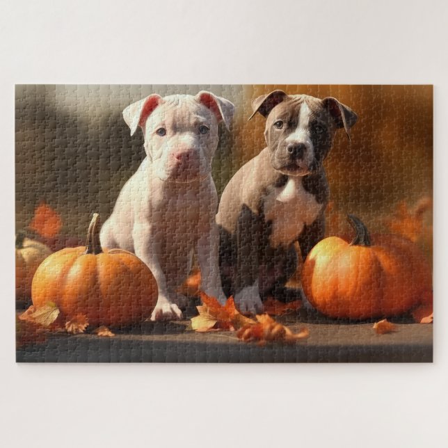 Pitbull Puppy Autumn Delight Pumpkin  Jigsaw Puzzle (Horizontal)