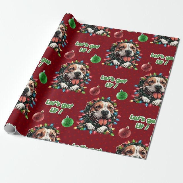Pitbull Puppy Lets get lit Funny Christmas Bully Wrapping Paper (Unrolled)