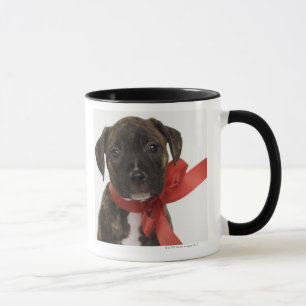Pitbull puppy wearing red ribbon mug