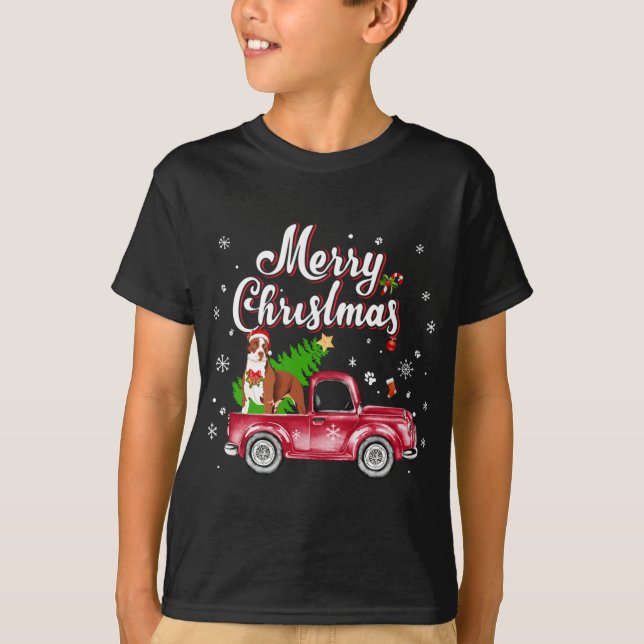 Pitbull Rides Red Truck Christmas Pajama T-Shirt (Front)