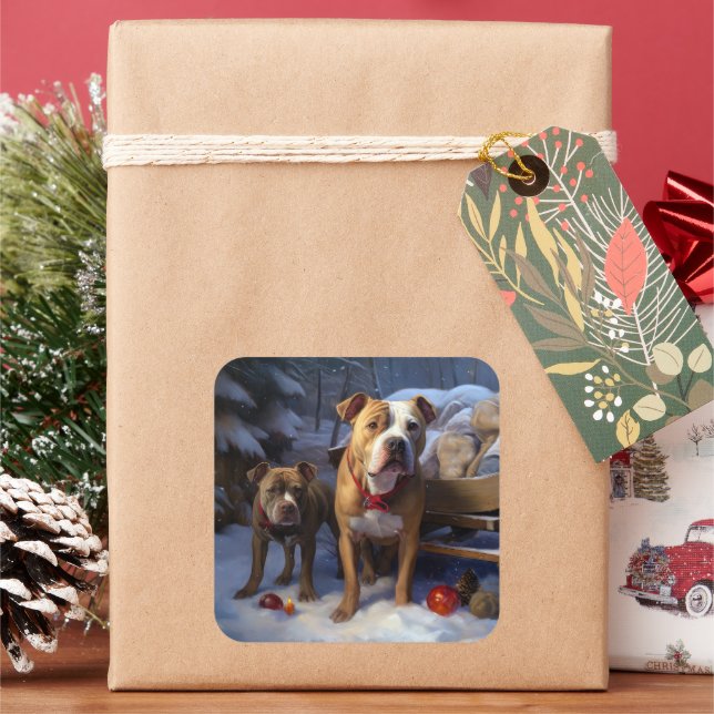 Pitbull Snowy Sleigh Christmas Decor Square Sticker (Holiday)