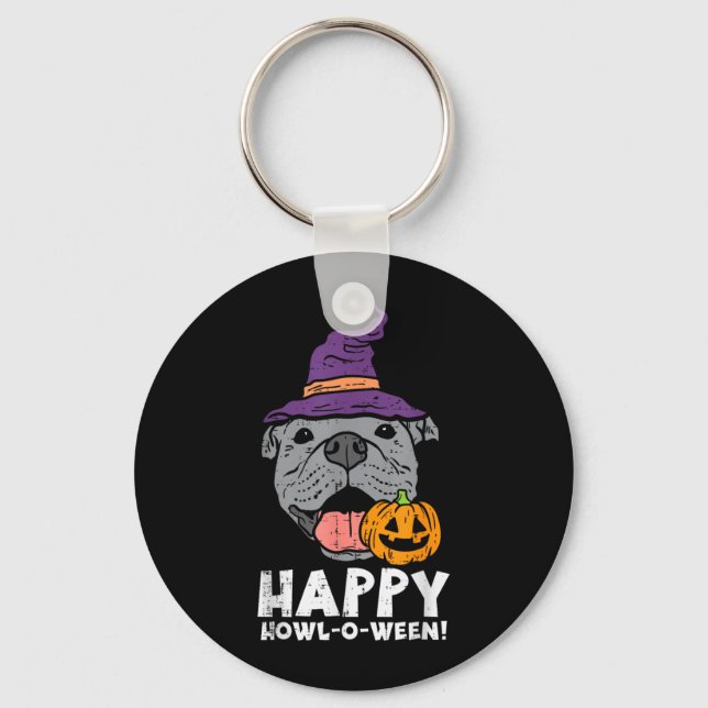 Pitbull Witch Happy Howl O Ween Pumpkin Halloween Key Ring (Front)