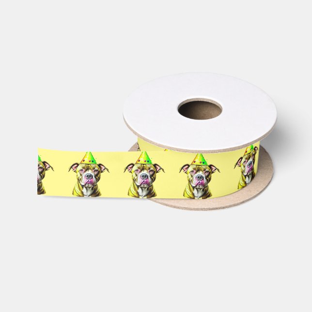 Pitbull with Birthday Hat  Satin Ribbon (Spool)