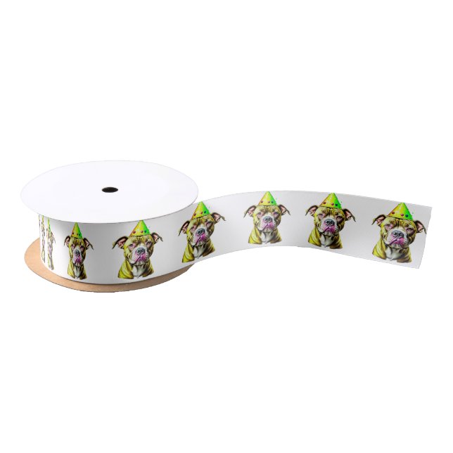 Pitbull with Birthday Hat  Satin Ribbon (Spool)