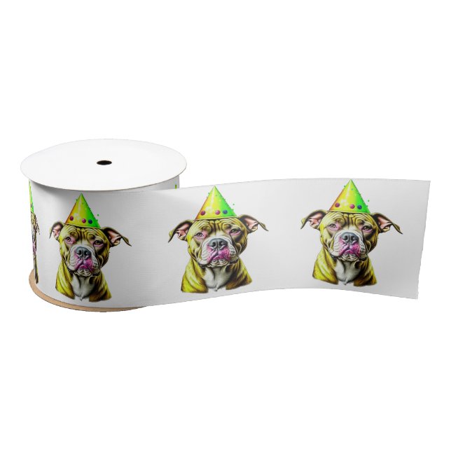Pitbull with Birthday Hat  Satin Ribbon (Spool)