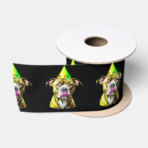 Pitbull with Birthday Hat Satin Ribbon